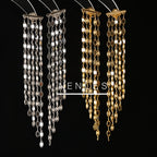925 sterling silver tile chain tassel earrings side-by-side comparison — silver rhodium plated (left) and 24K gold plated (right), 9cm drop, black background
