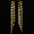925 sterling silver tile chain tassel earrings in gold tone, 24K gold plated, 9cm drop, multi-strand flat tile chain design, displayed on black background