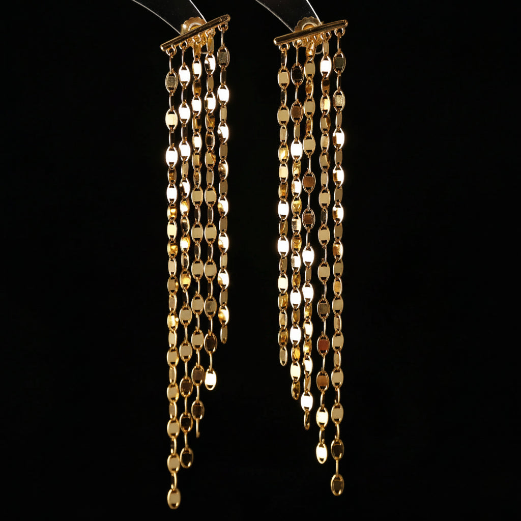 925 sterling silver tile chain tassel earrings in gold tone, 24K gold plated, 9cm drop, multi-strand flat tile chain design, displayed on black background