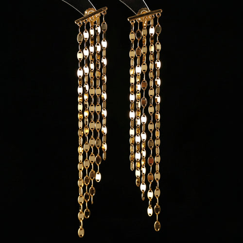 925 sterling silver tile chain tassel earrings in gold tone, 24K gold plated, 9cm drop, multi-strand flat tile chain design, displayed on black background
