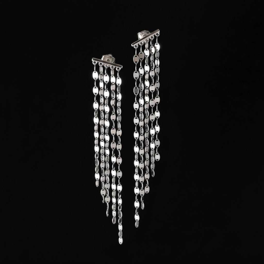 925 sterling silver tile chain tassel earrings in silver tone, rhodium plated, 9cm drop, multi-strand flat tile chain design, displayed on black background