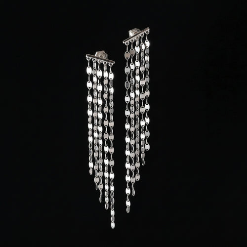 925 sterling silver tile chain tassel earrings in silver tone, rhodium plated, 9cm drop, multi-strand flat tile chain design, displayed on black background