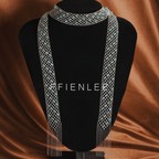 FFIENLEE 925 sterling silver Italian lace necklace with Swarovski aqua pineapple crystal beads displayed on black jewelry bust, showing full 1-meter length with double-strand drape and tassel ends, warm brown velvet background