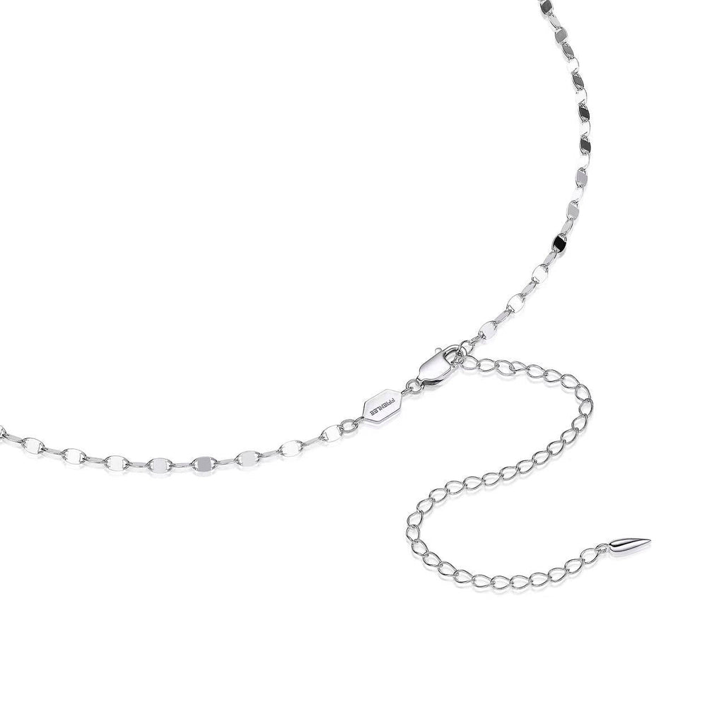 Close-up detail of FFIENLEE 925 sterling silver tile chain necklace in rhodium silver tone, showing lobster claw clasp, FFIENLEE branded hexagon tag, and 5cm extension chain with teardrop end on white background