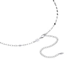 Close-up detail of FFIENLEE 925 sterling silver tile chain necklace in rhodium silver tone, showing lobster claw clasp, FFIENLEE branded hexagon tag, and 5cm extension chain with teardrop end on white background