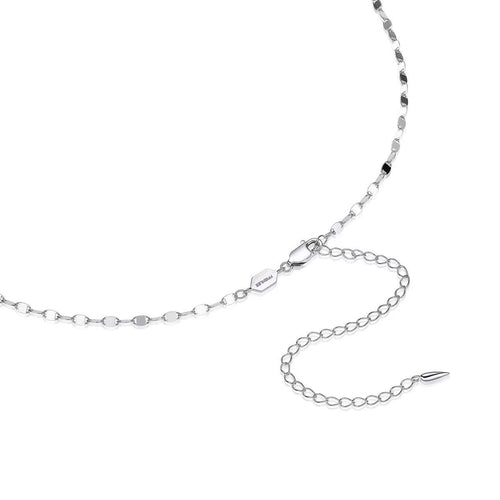 Close-up detail of FFIENLEE 925 sterling silver tile chain necklace in rhodium silver tone, showing lobster claw clasp, FFIENLEE branded hexagon tag, and 5cm extension chain with teardrop end on white background