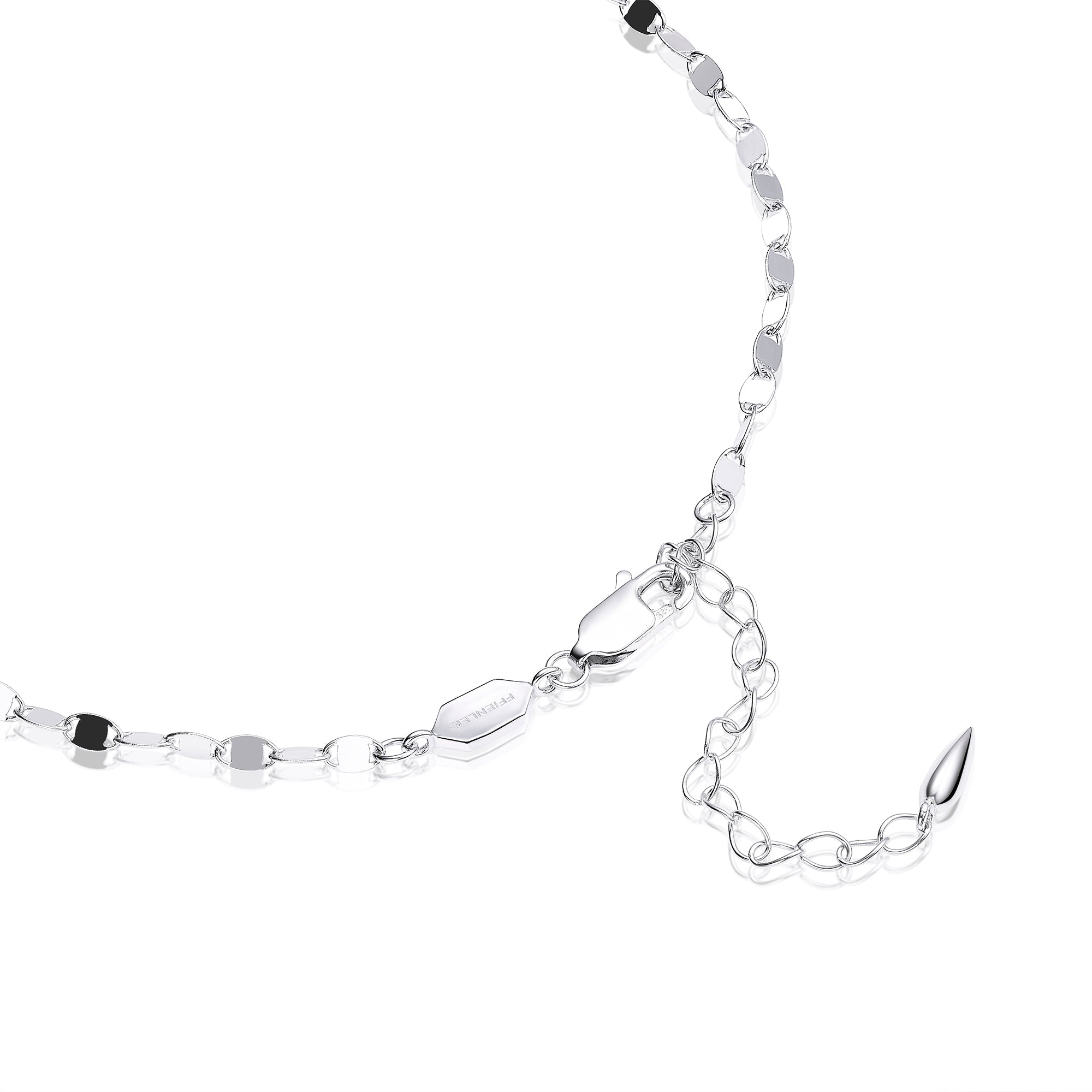 Close-up detail of FFIENLEE 925 sterling silver Y-lariat necklace in rhodium silver tone, showing lobster claw clasp, branded hexagon tag, and extension chain with teardrop end on white background