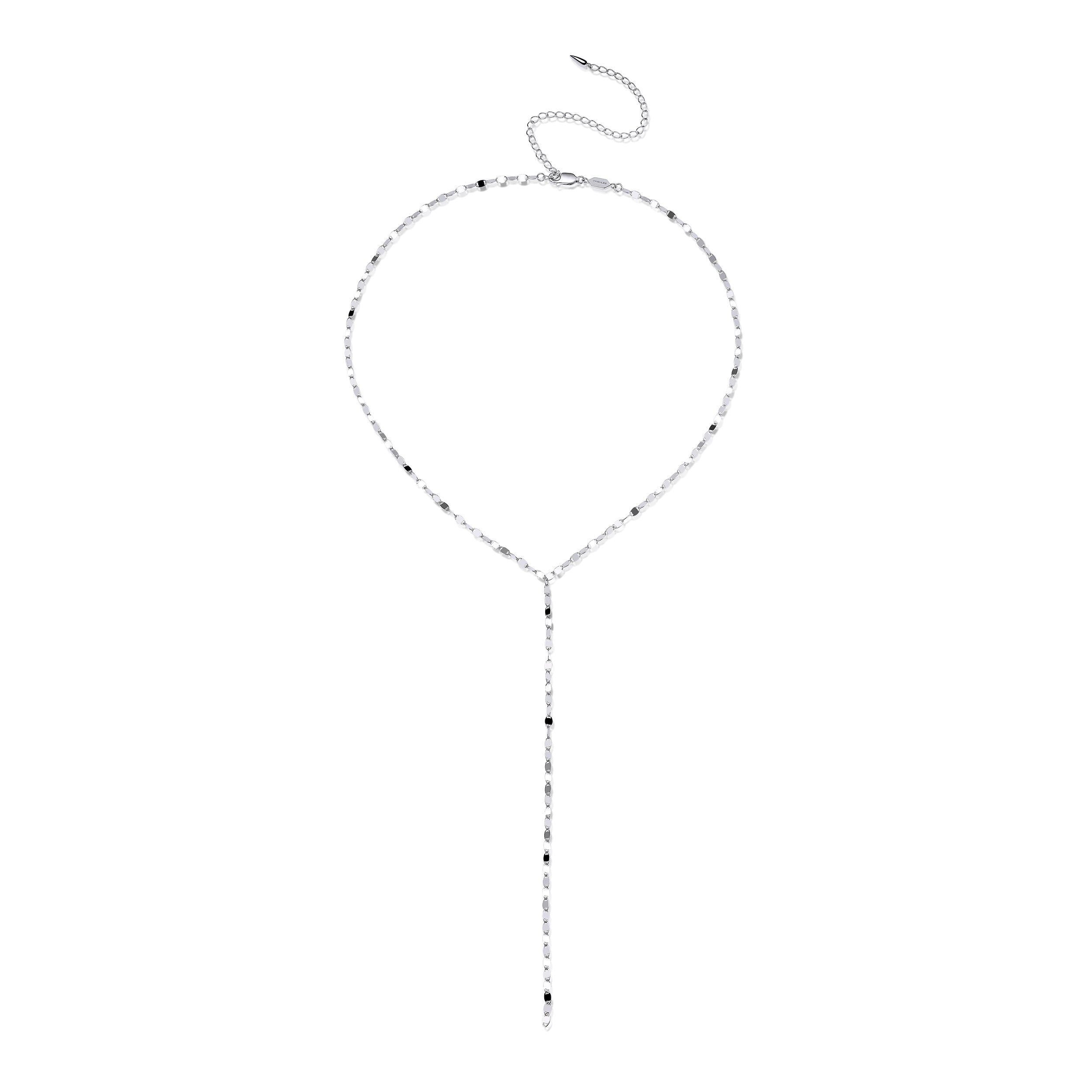 FFIENLEE 925 sterling silver Y-lariat tile chain necklace in rhodium silver tone, full layout on white background showing complete chain circle, Y-drop, and 10cm adjustable extension chain