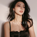 Model wearing FFIENLEE 925 sterling silver Y-lariat tile chain necklace in silver rhodium tone with tassel earrings, styled with a black lace cami dress, elegant and feminine look